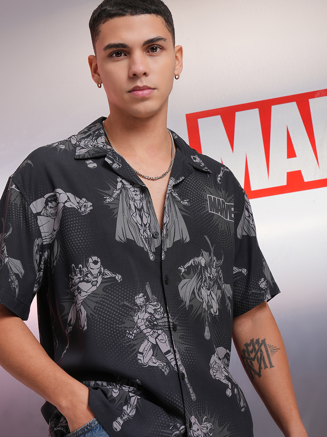 HIGHLANDER Marvel Men Avengers Printed Cuban Collar Viscose Relaxed Shirt