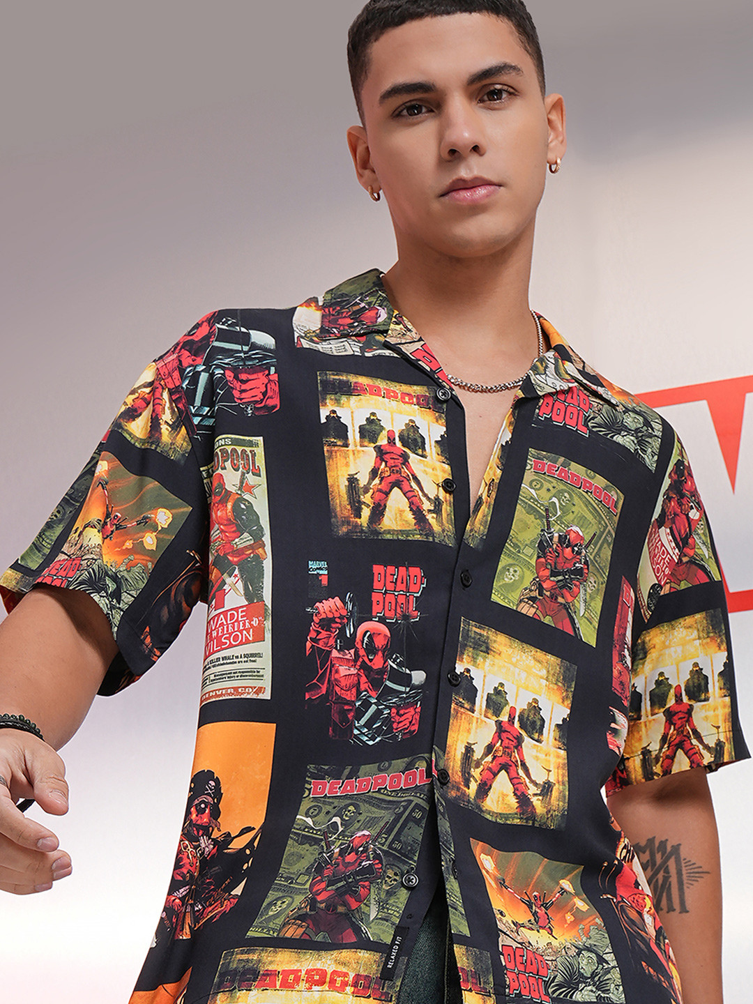 HIGHLANDER Marvel Men Muicolor Deadpool Printed Cuban Collar Viscose Relaxed Shirt
