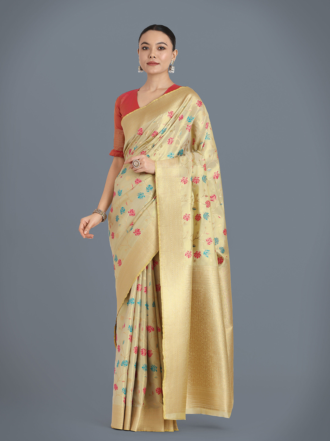 Women MONJOLIKA FASHION Floral Zari Tissue Banarasi Saree Blouse Piece