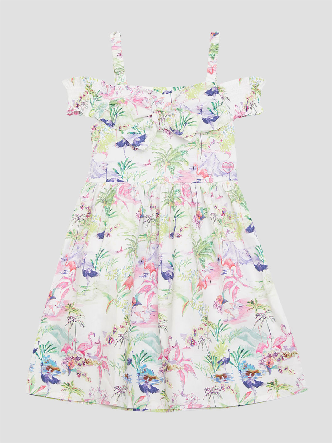 GUESS kids Girls Pure Cotton Off-Shoulder Cold-Shoulder Floral Print Fit & Flare Dress