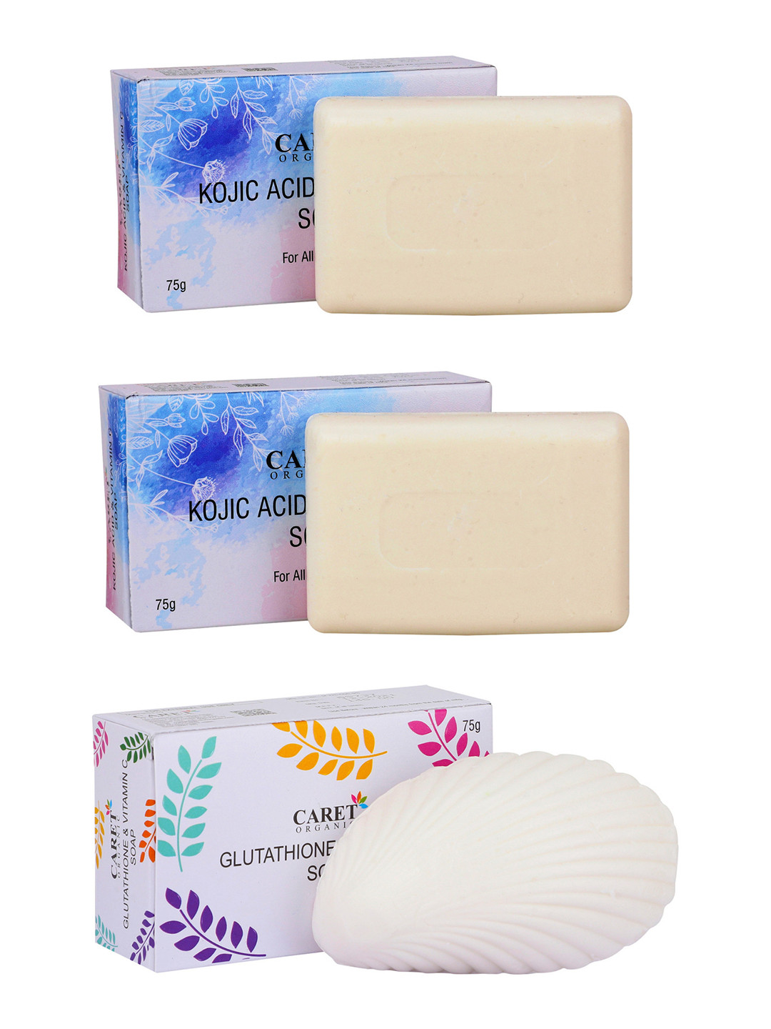 CARET ORGANIC Set Of 3 Kojic Acid Soap With Glutathione & Vitamin C Soap - 75 g Each