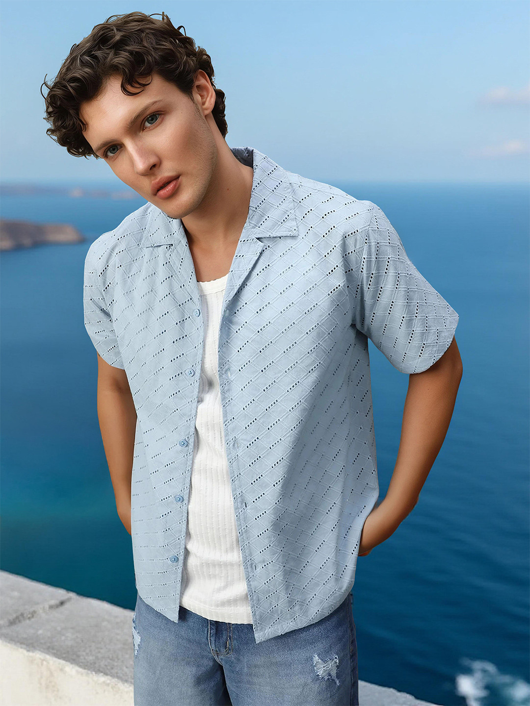 High Star Men Relaxed Resort Collar Textured Shiffli Cotton Casual Shirt