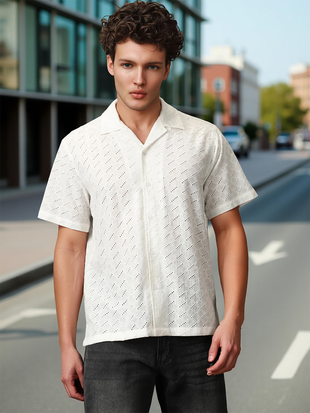 High Star Men Relaxed Resort Collar Textured Shiffli Cotton Casual Shirt