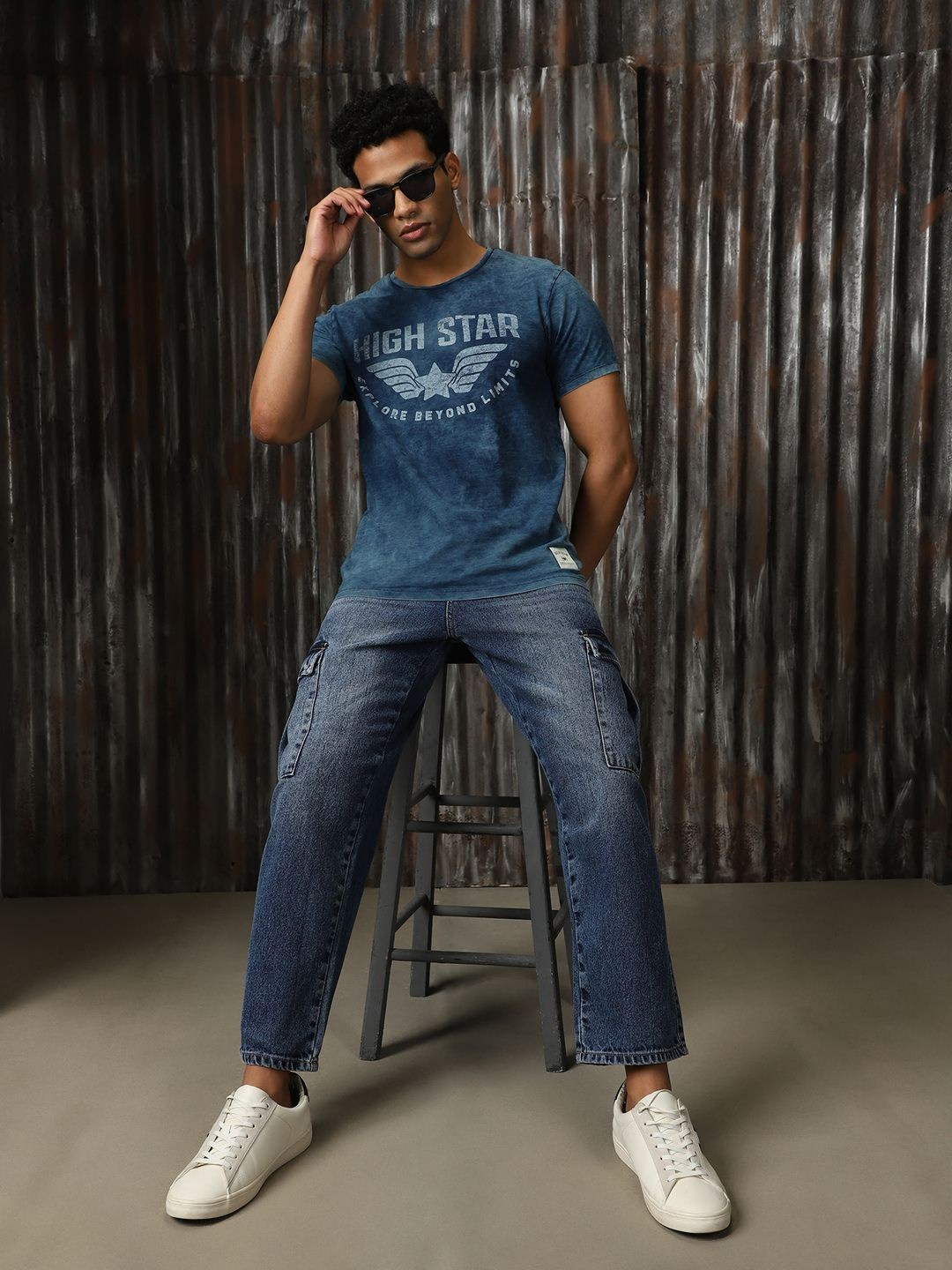 High Star Men Biker Printed indigo washed T-shirt