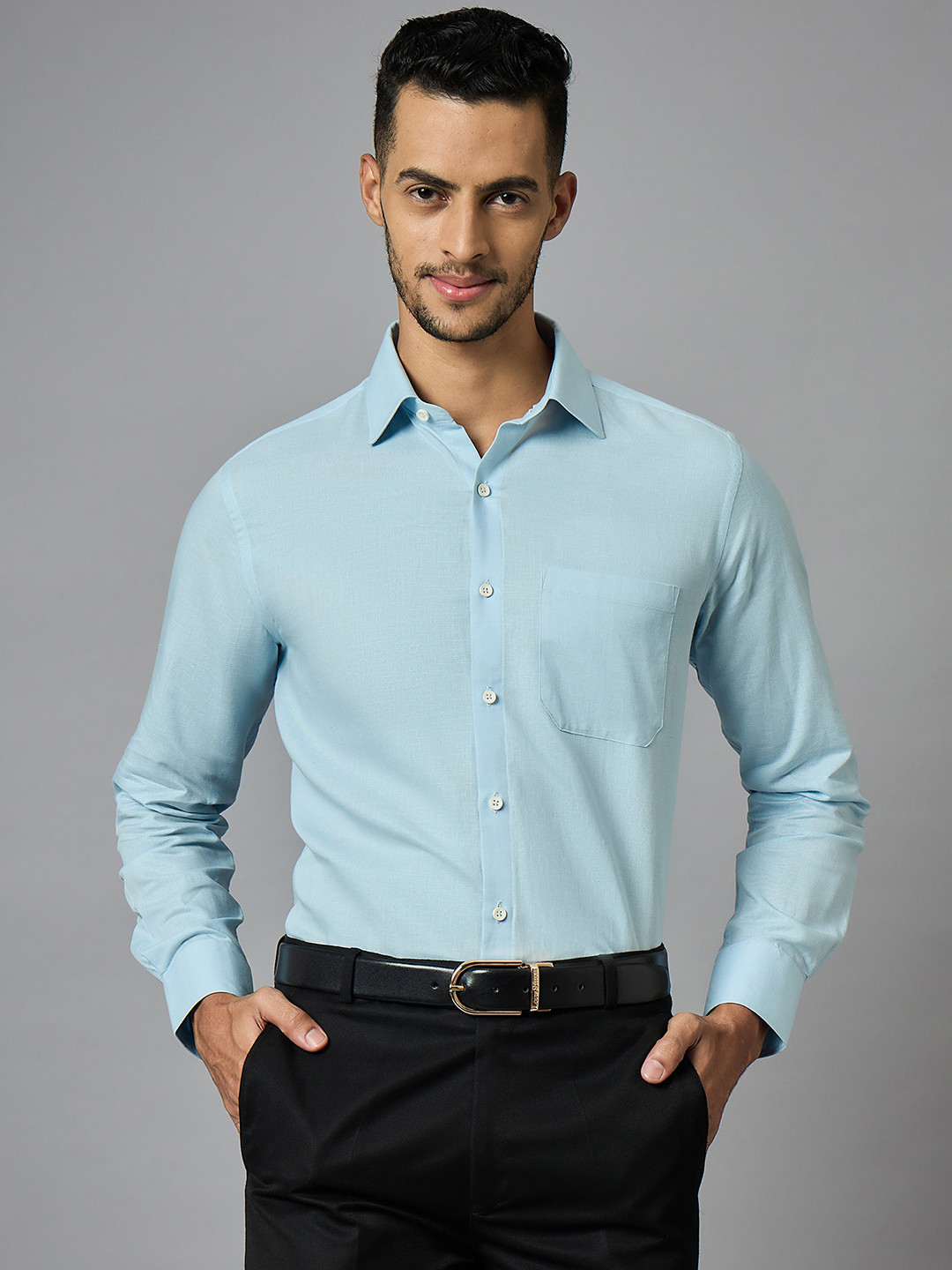 LOUIS STITCH Men Classic Blue Spread Collar Solid Cotton Linen Formal Shirt