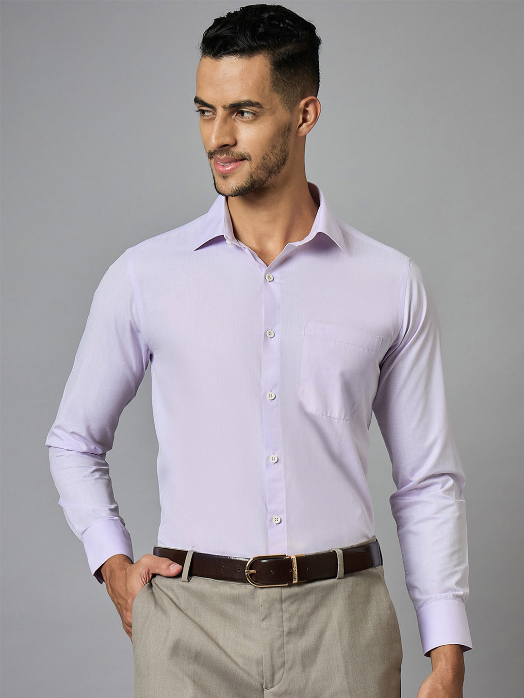 LOUIS STITCH Men Classic Purple Spread Collar Solid Polycotton Formal Shirt