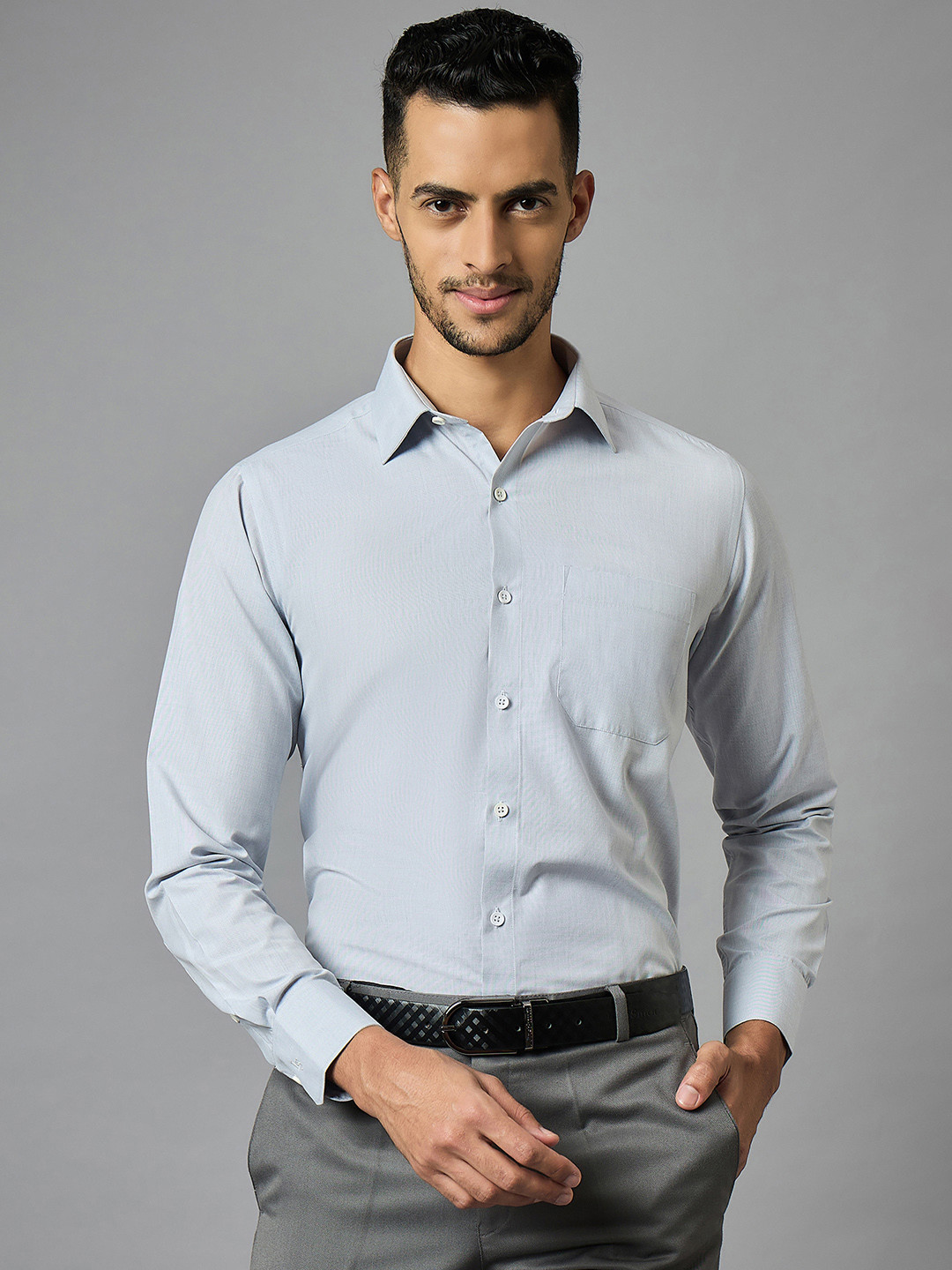 LOUIS STITCH Men Classic Grey Spread Collar Solid Polycotton Formal Shirt