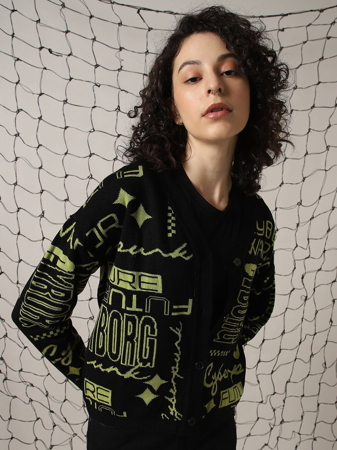 Hubberholme Women Boxy Fit Typograghy Sweater Cardigan