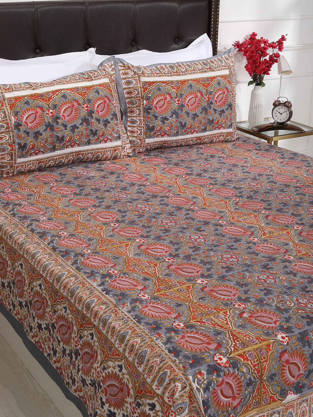 SHAHENAZ Camerina Yellow Ethnic Motifs Cotton 180 TC Fitted Queen Bedsheet with 2 Pillow Covers-108 x 90 inches