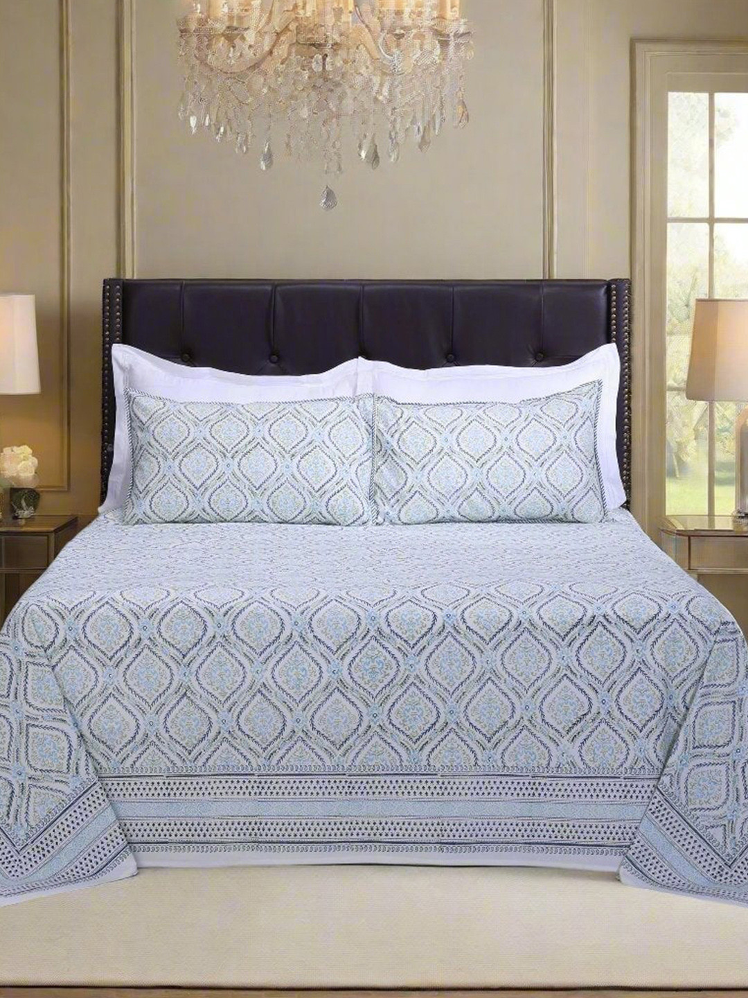 SHAHENAZ Parvati Damask Jaal Turquoise Blue Ethnic Motifs Cotton 180 TC King Bedsheet with 2 Pillow Covers-108 x 108 inches