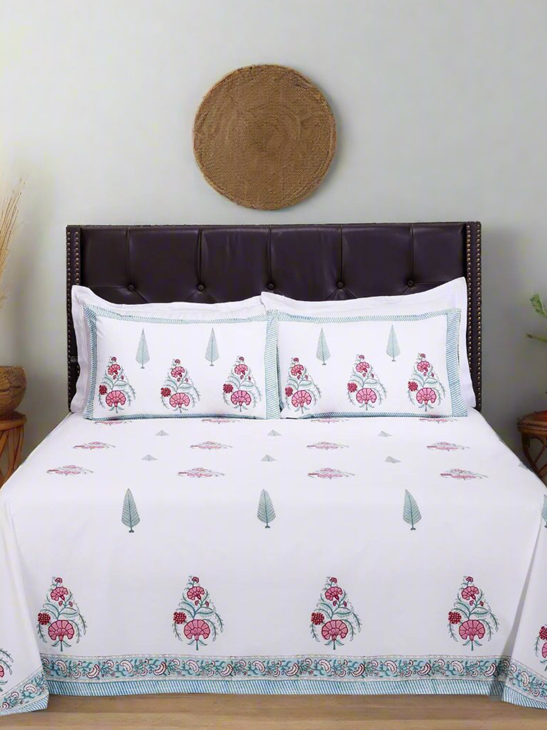 SHAHENAZ Charvi Turquoise Blue Ethnic Motifs Cotton 180 TC Queen Fine Bedsheet with 2 Pillow Covers-108 x 90 inches