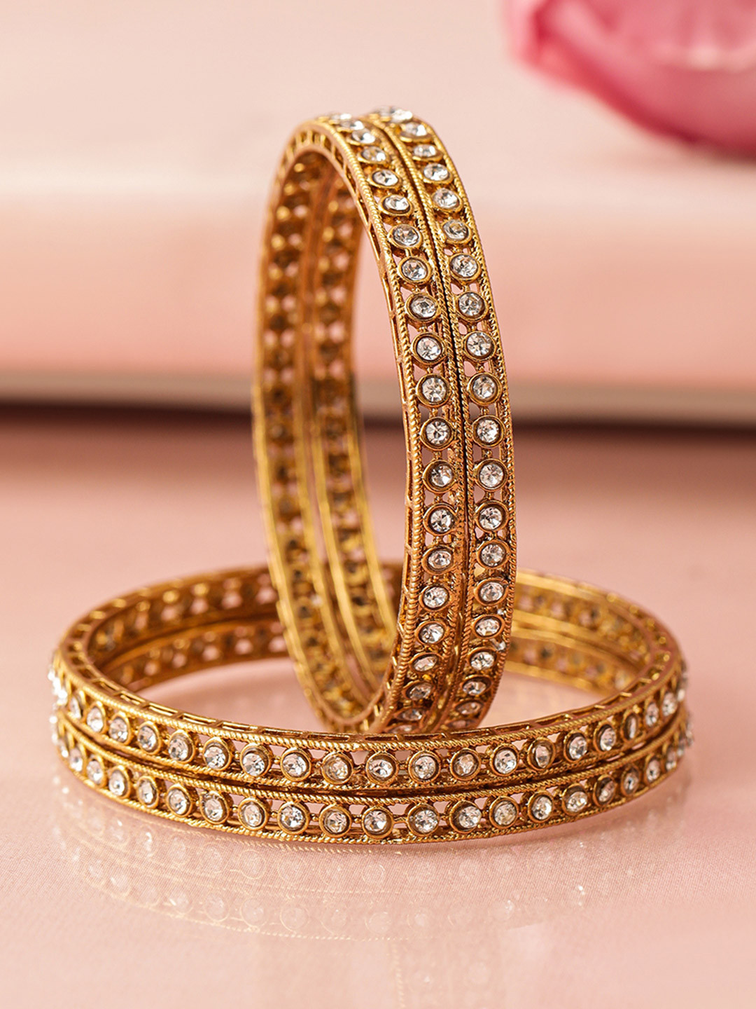 Rubans Set of 4 18 K Mehandi Gold-Plated Crystal White Cubic Zirconia Studded Bangles