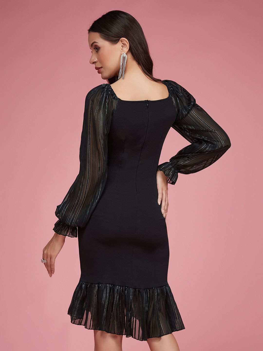 DressBerry Square Puff Sleeve Solid Ruching Midi Dress