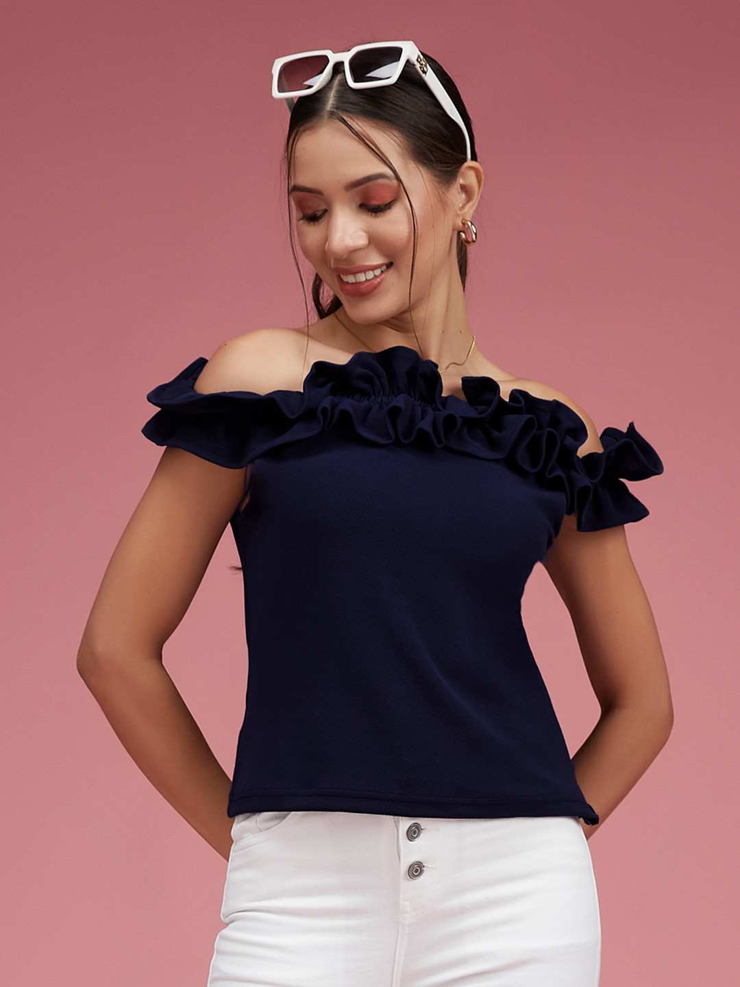 DressBerry Off Shoulder Sleeveless Solid Ruffled Frilled Gathered Bardot Top