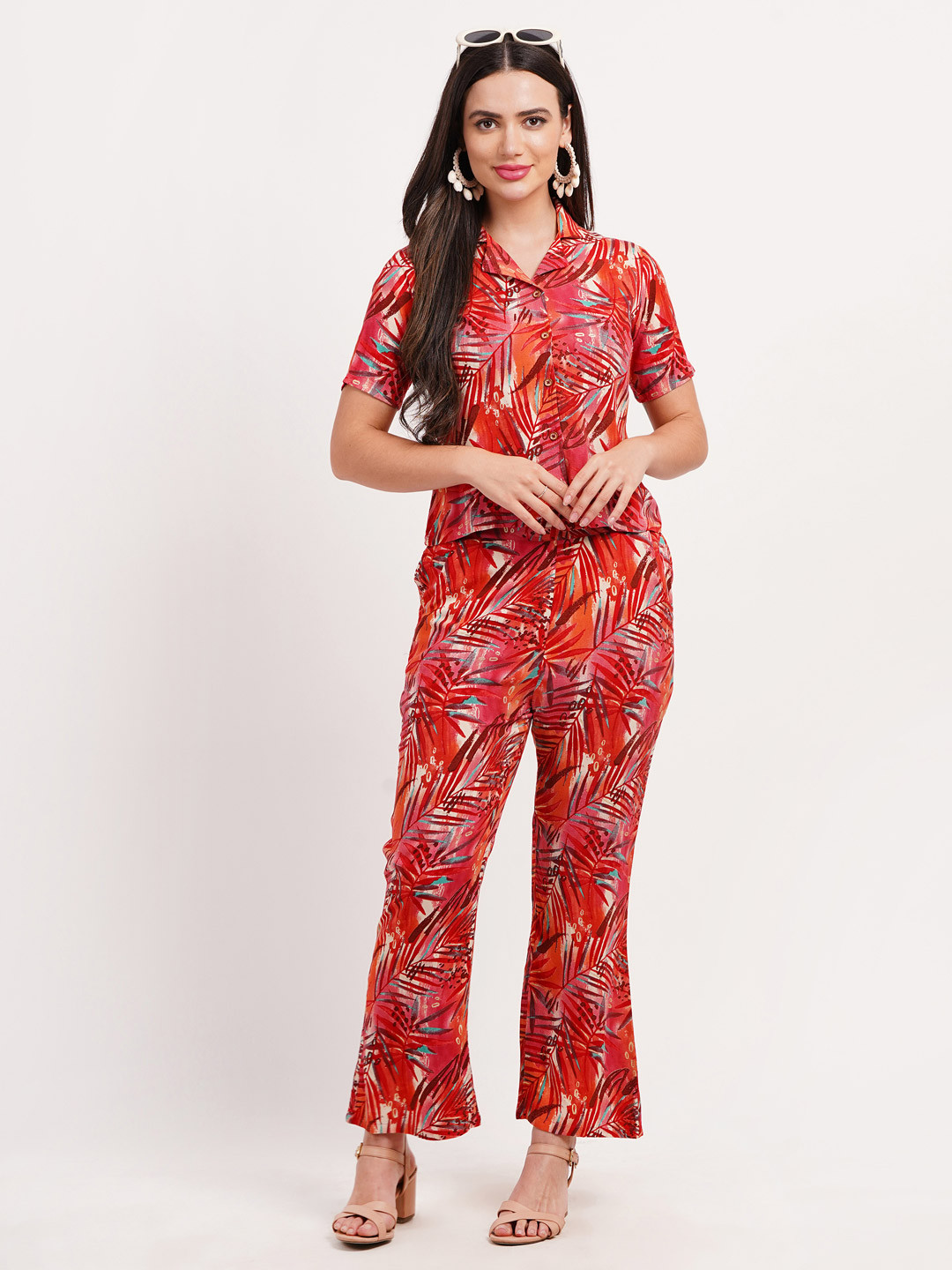 FIMS Women Printed Short Sleeves Shirt With Palazzos Co-Ords