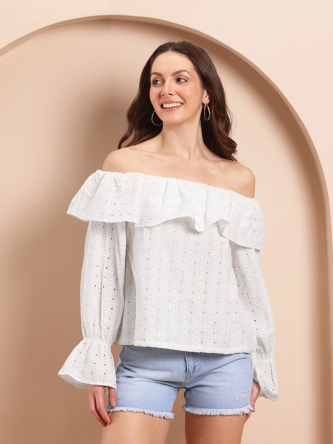 Mast & Harbour Schiffli Ruffles Cotton Off-Shoulder Bardot Top