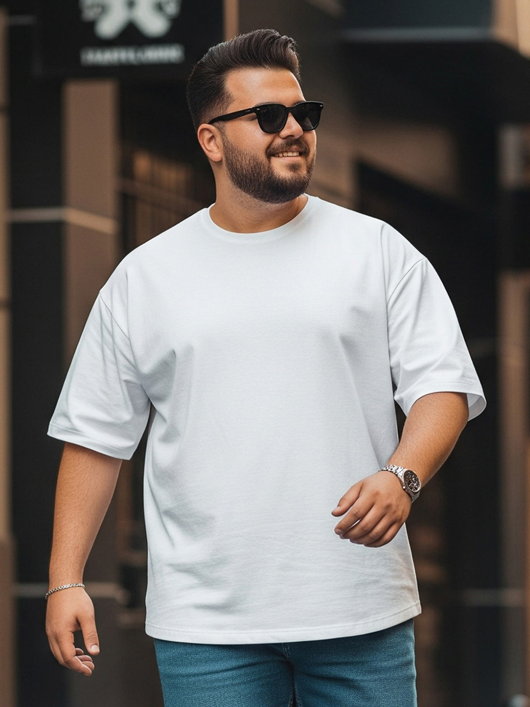 VEIRDO Men Plus Size Solid Round Neck Pure Cotton White Oversized T-Shirt
