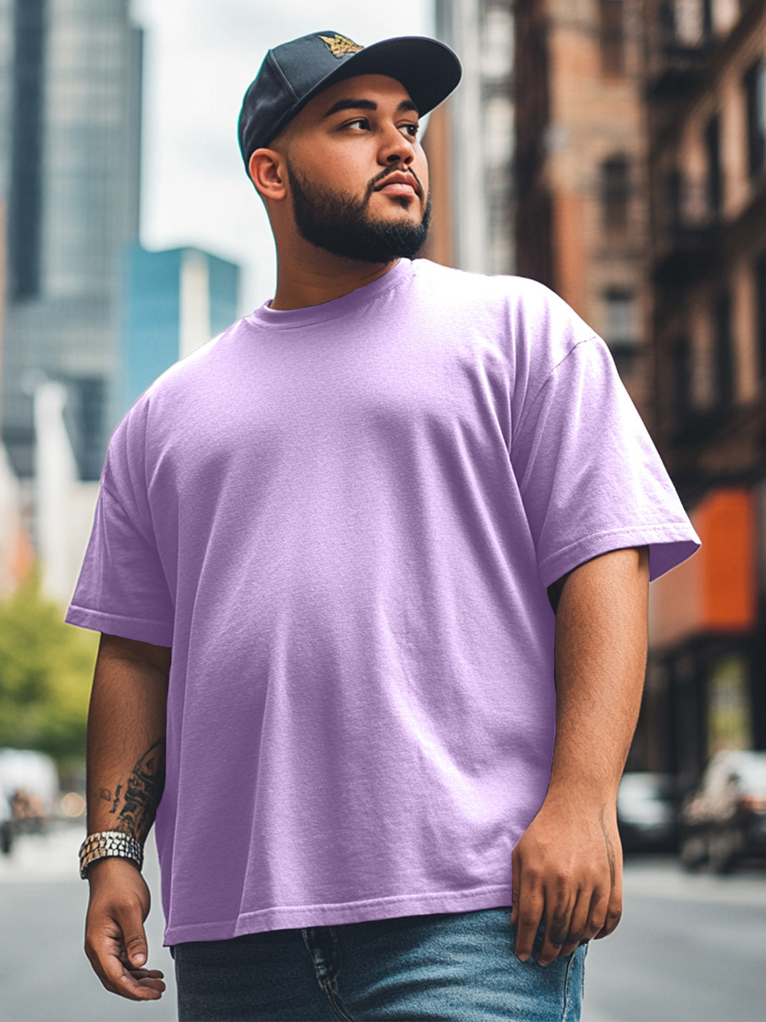 VEIRDO Men Plus Size Lilac Solid Round Neck Pure Cotton Oversized T-Shirt