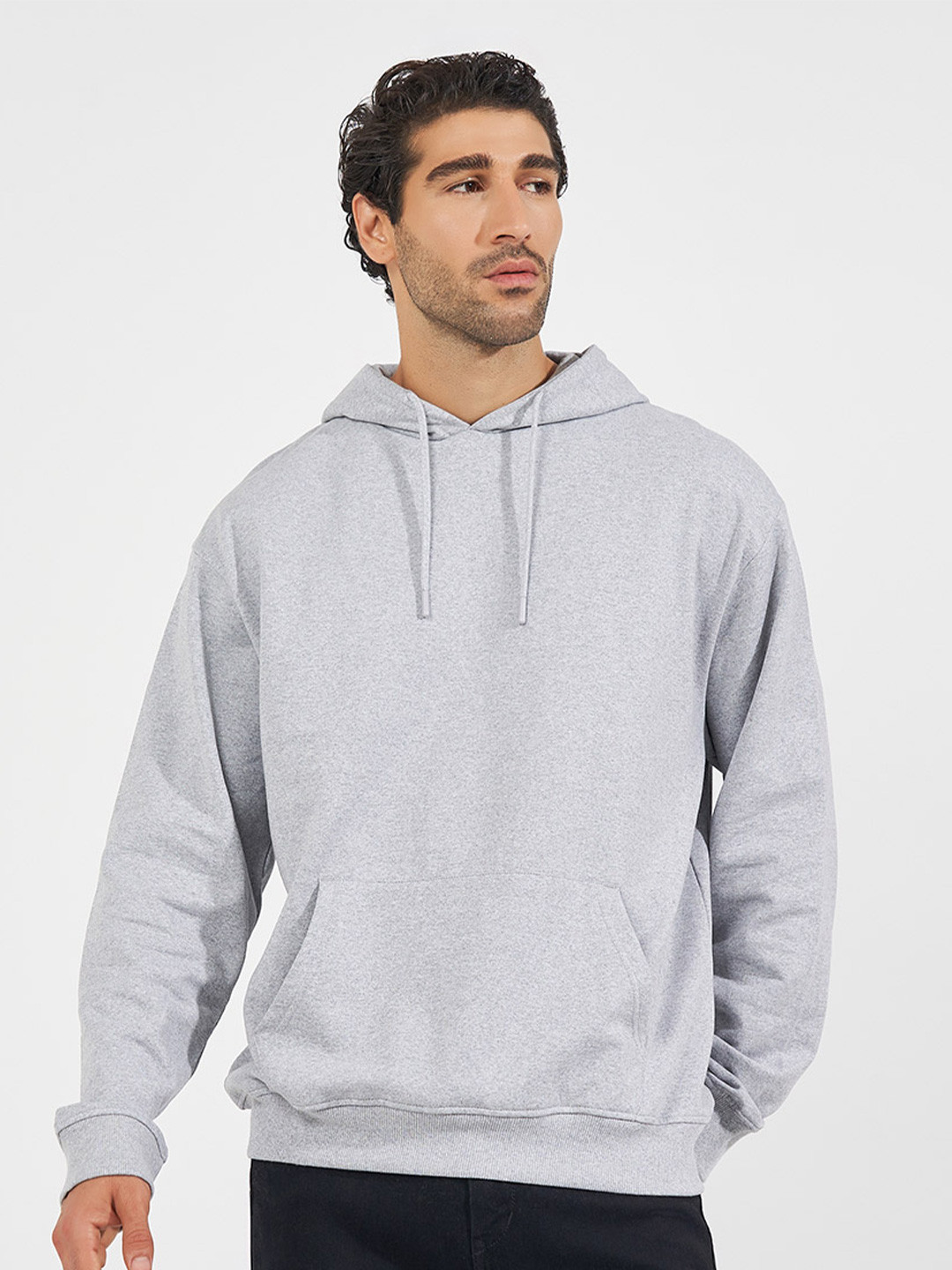 Styli Men Solid Fleece Relaxed Fit  Casual Pullover Hoodie With Kangaroo Pocket