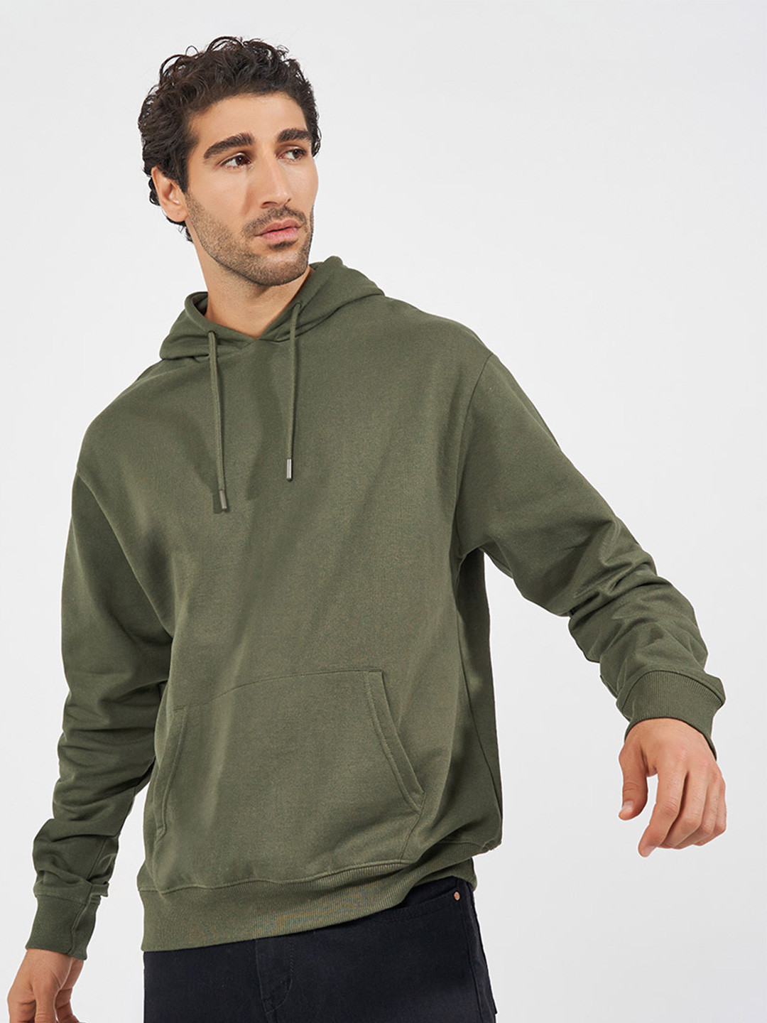 Styli Men Solid Fleece Relaxed Fit  Casual Pullover Hoodie With Kangaroo Pocket