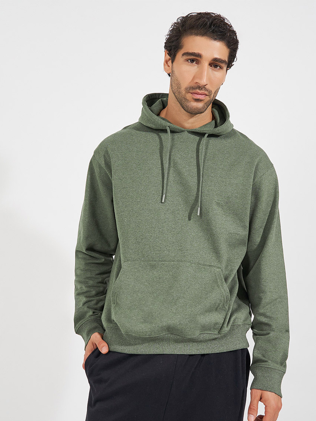 Styli Men Solid Fleece Relaxed Fit  Casual Pullover Hoodie With Kangaroo Pocket