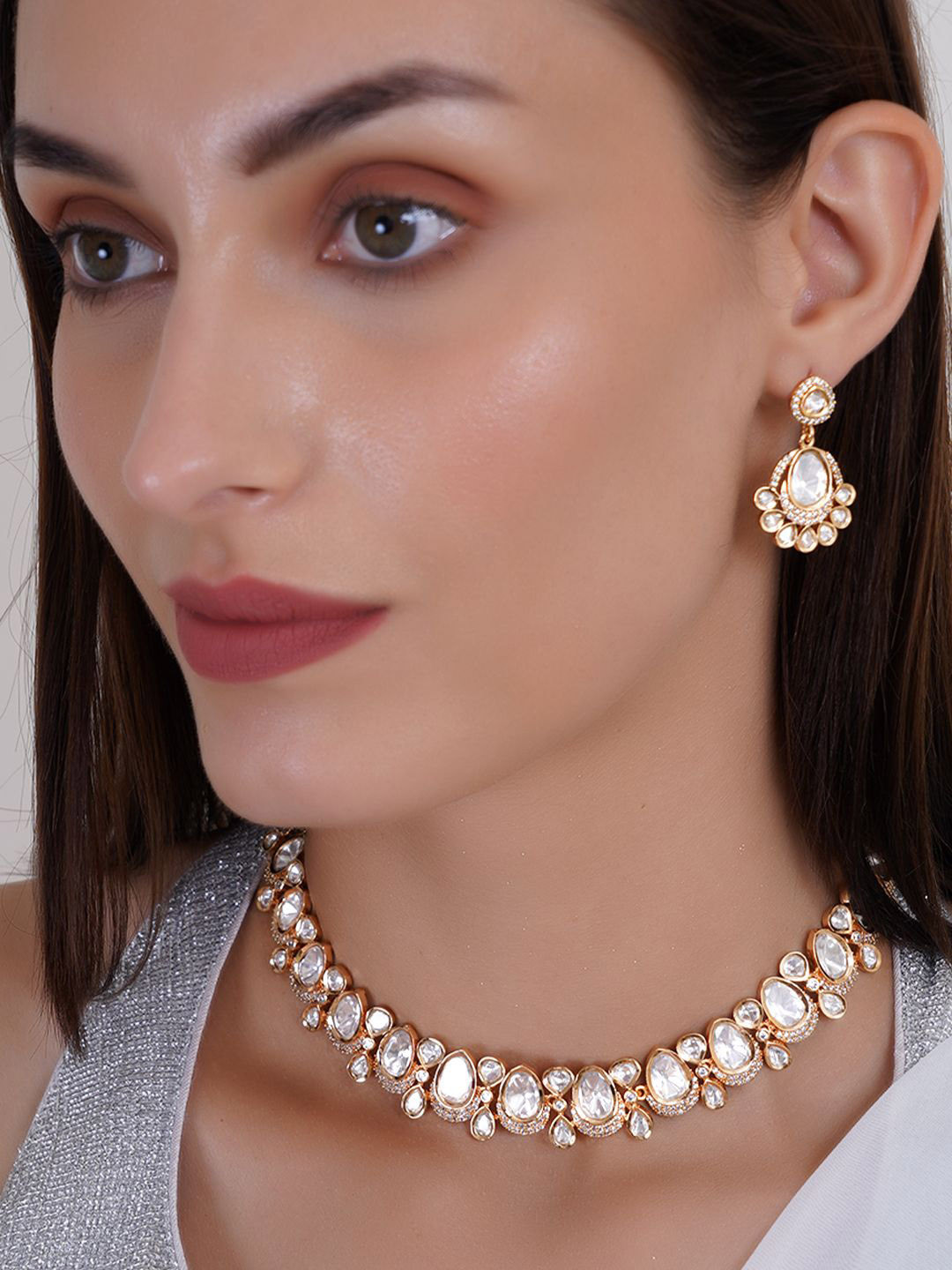 Adwitiya Collection Gold-Plated Kundan and American Diamond Studded Jewellery Set