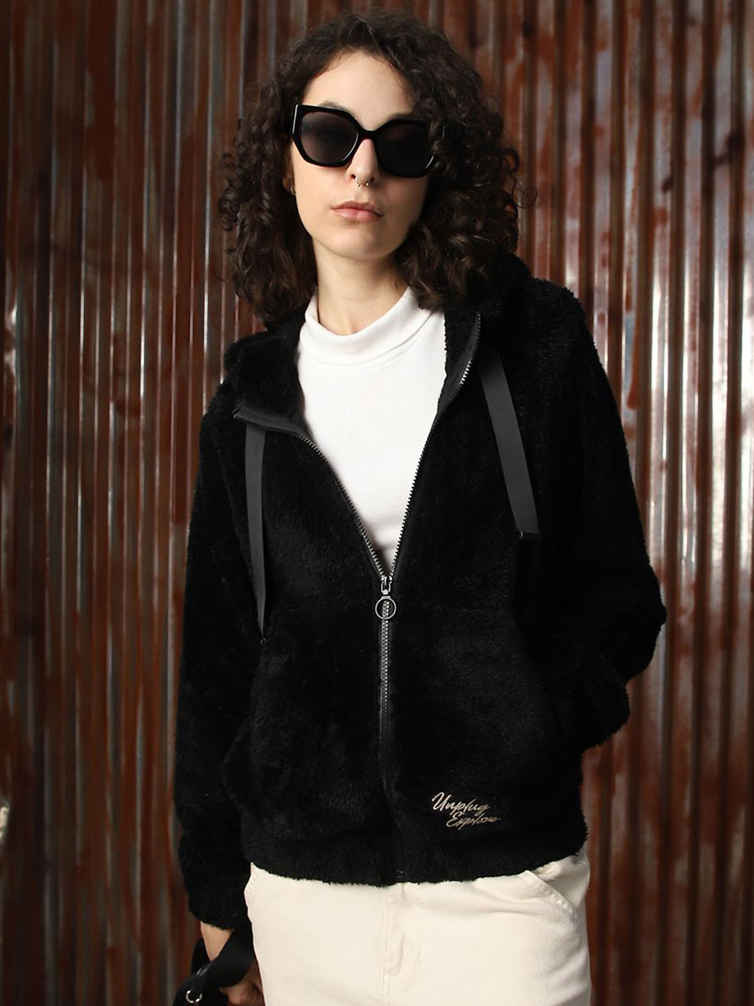 High Star Women Fur Hooded Boxy Fit Tailored Front Open Jacket