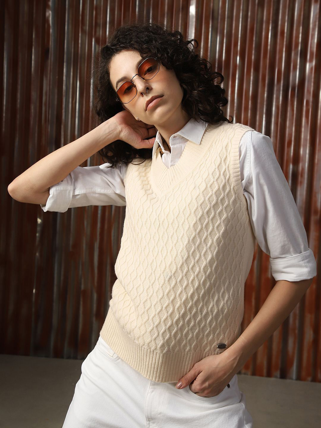 High Star Women V-Neck Cable Knit Sweater Vest