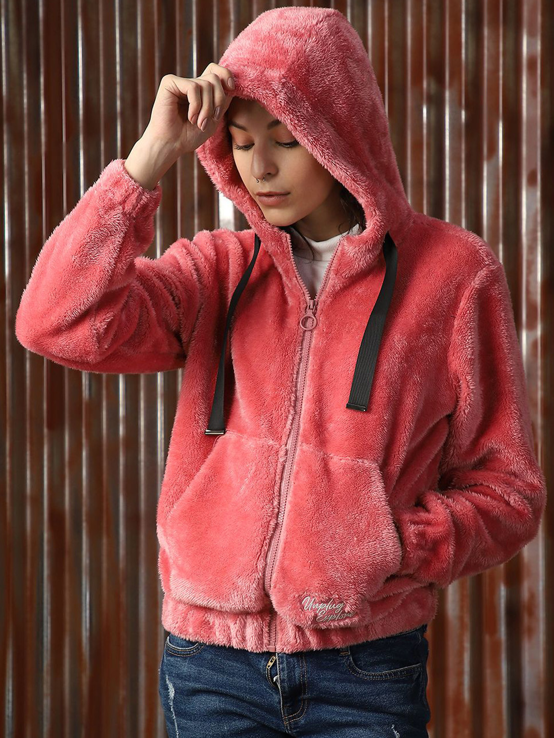 High Star Women Fur Hooded Boxy Fit Tailored Front Open Jacket
