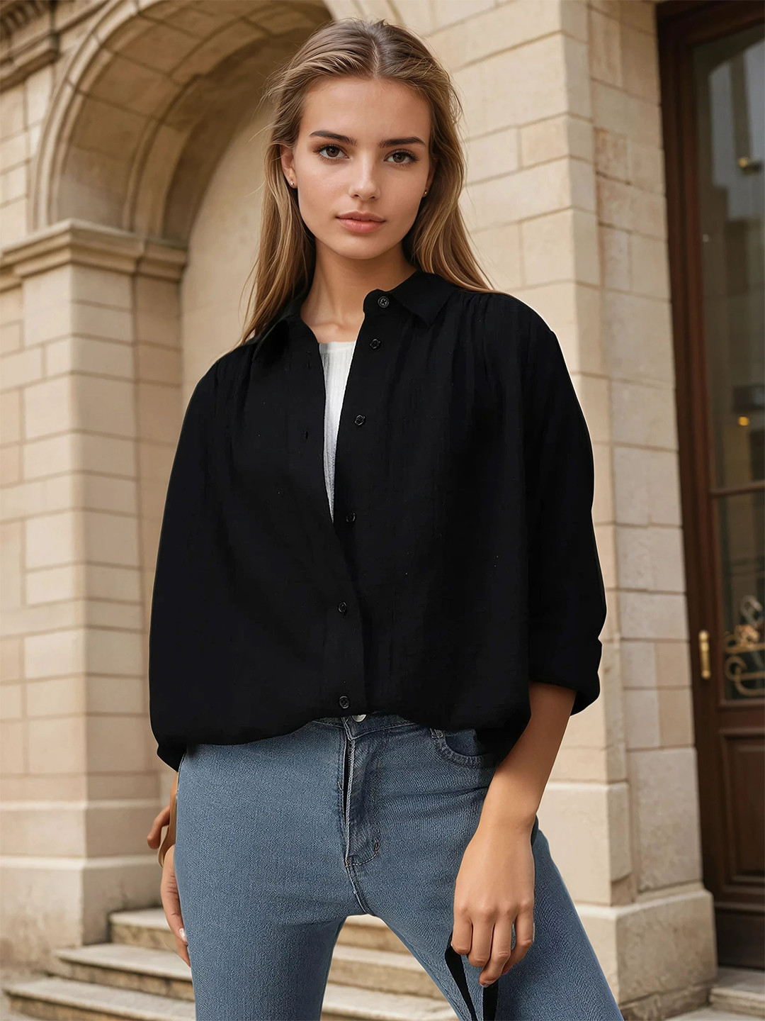 High Star Women Oversized Solid Cotton with Geathers At Shoulder Casual Shirt