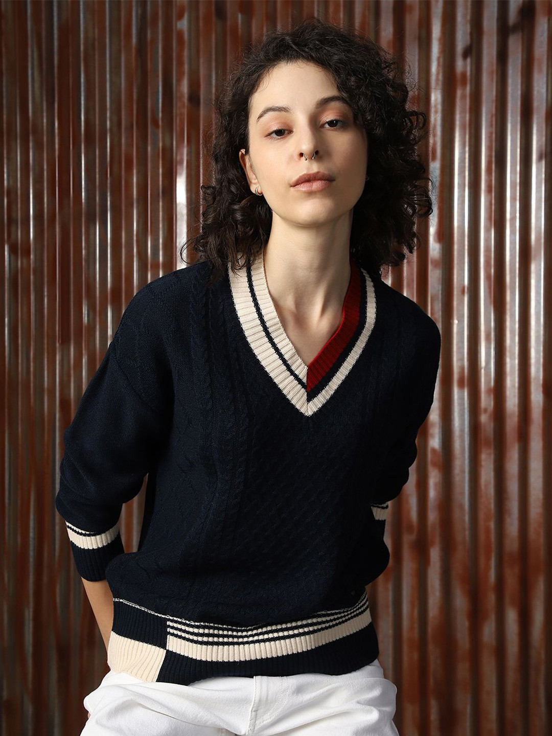 High Star Women Longline Cabel knit  V-Neck Pullover Sweaters
