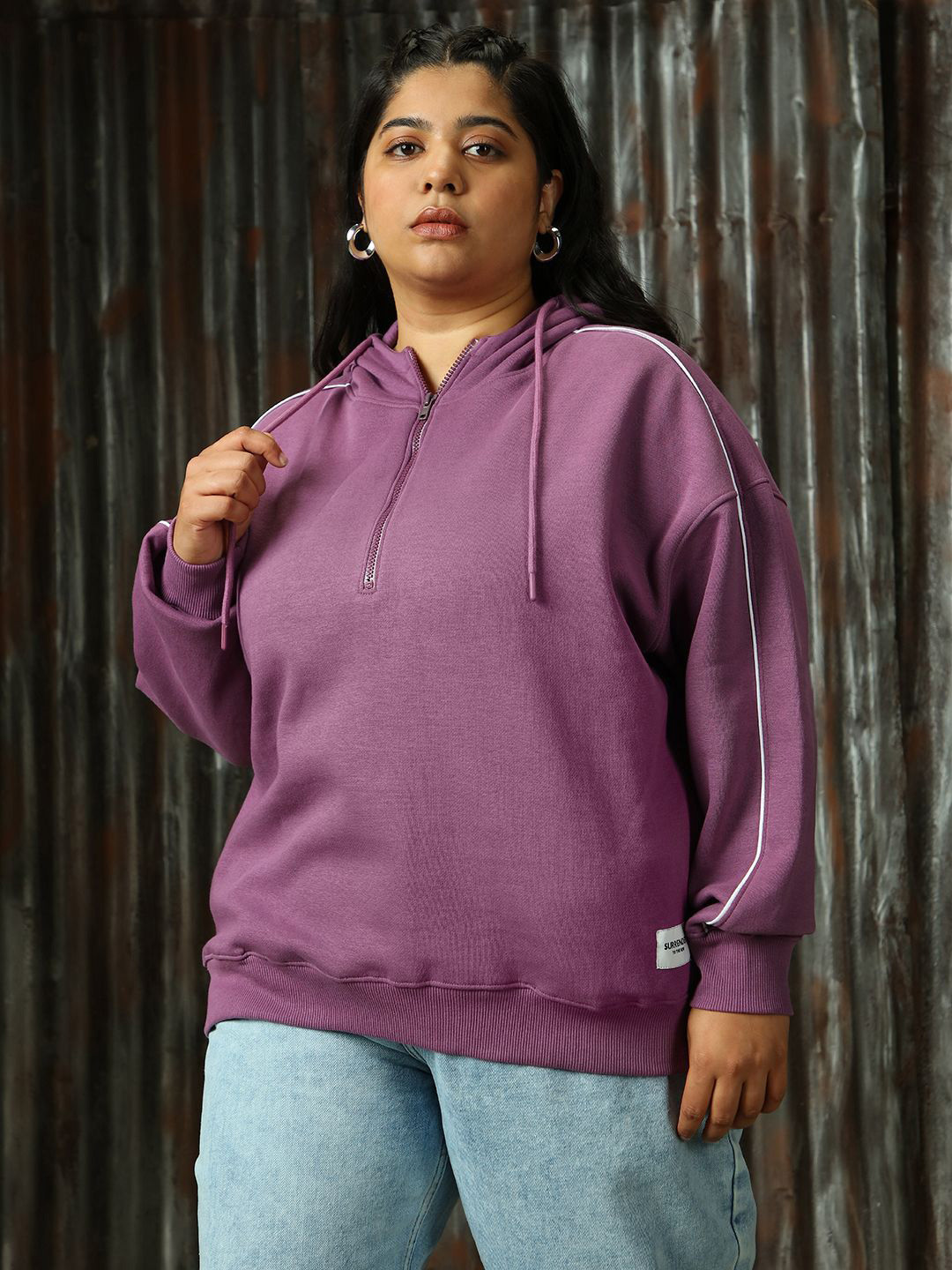 Freeform by High Star Women Solid Hooded Plus Size With Half Zipper Pullover Sweatshirt