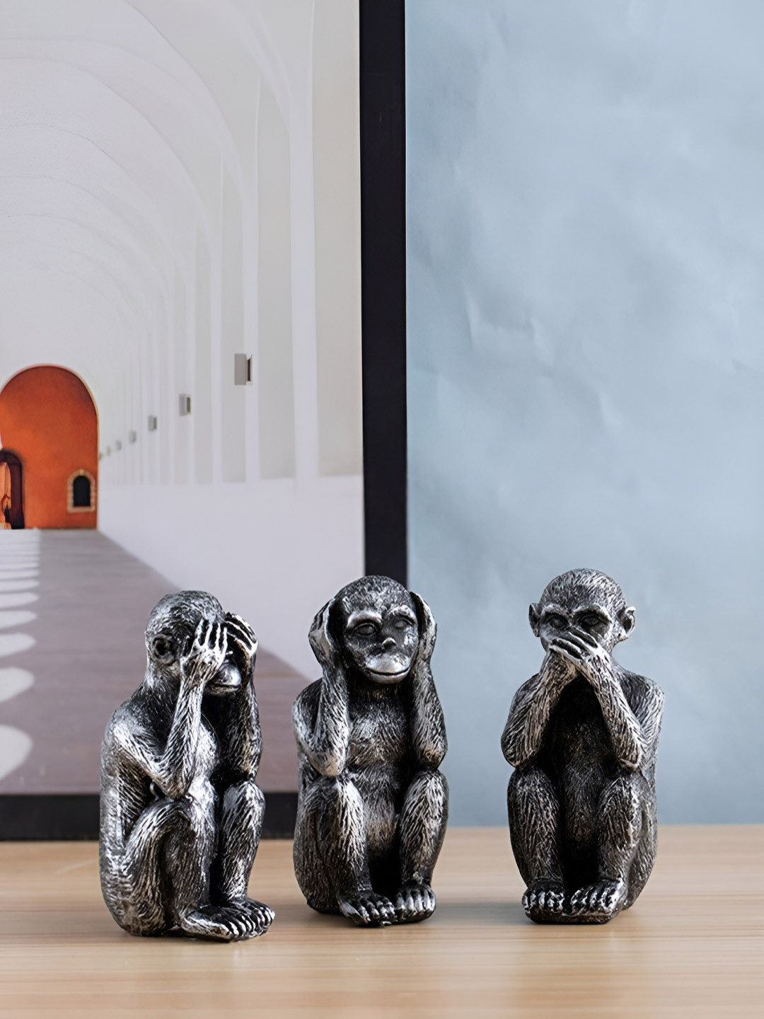 TIED RIBBONS Monkey Silver Polyresin Matte Living Room Set of 3 Small Showpieces - 3 Inches