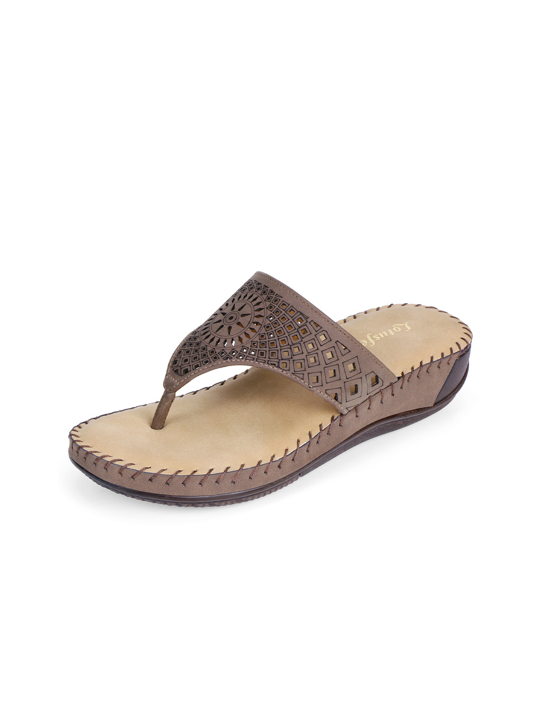 Lotusfeet Women Laser Cuts Textured T-Strap Flats