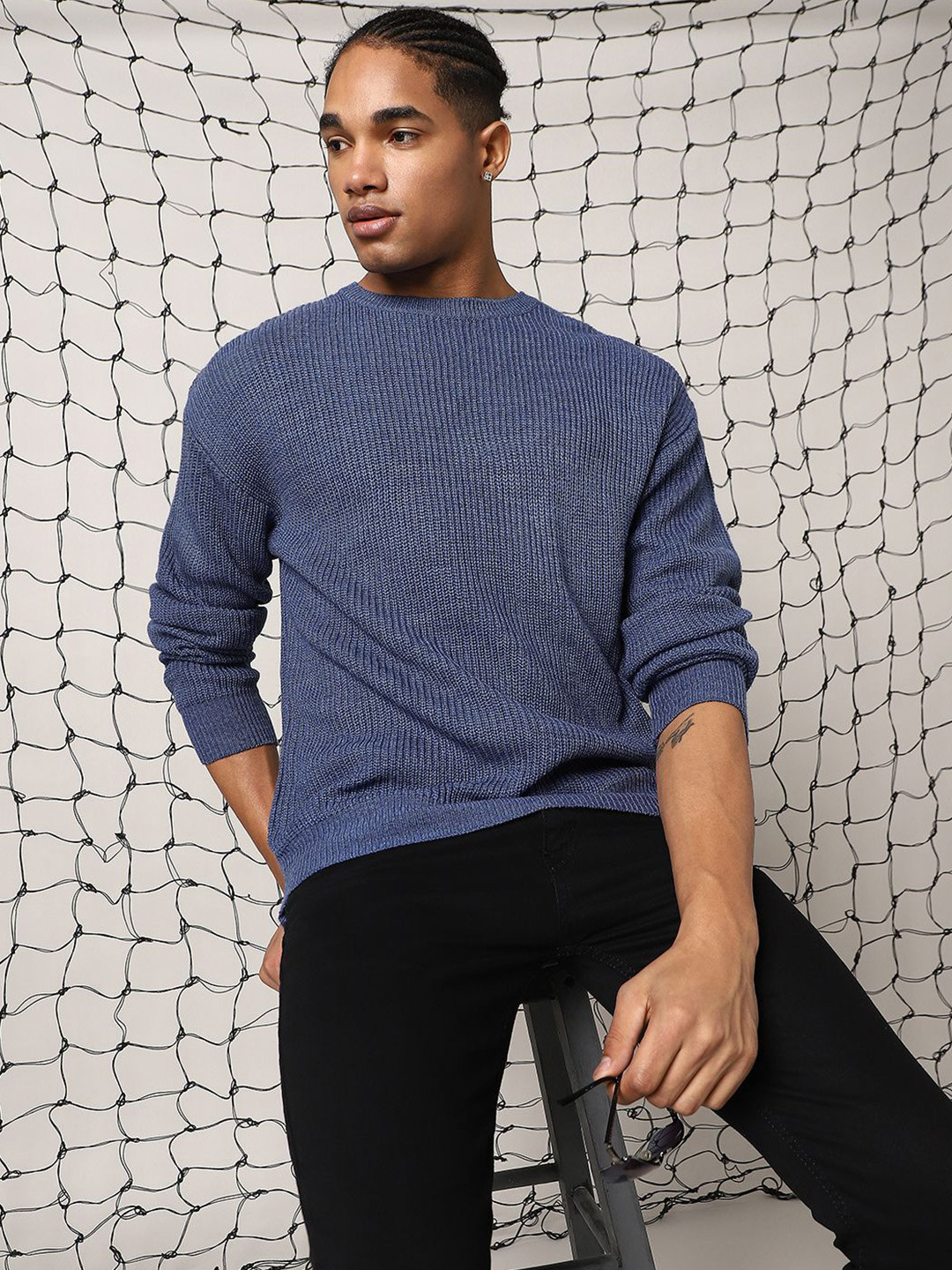 Hubberholme Men Ribbed Stractured Relaxed Fit Men Pullover Sweater