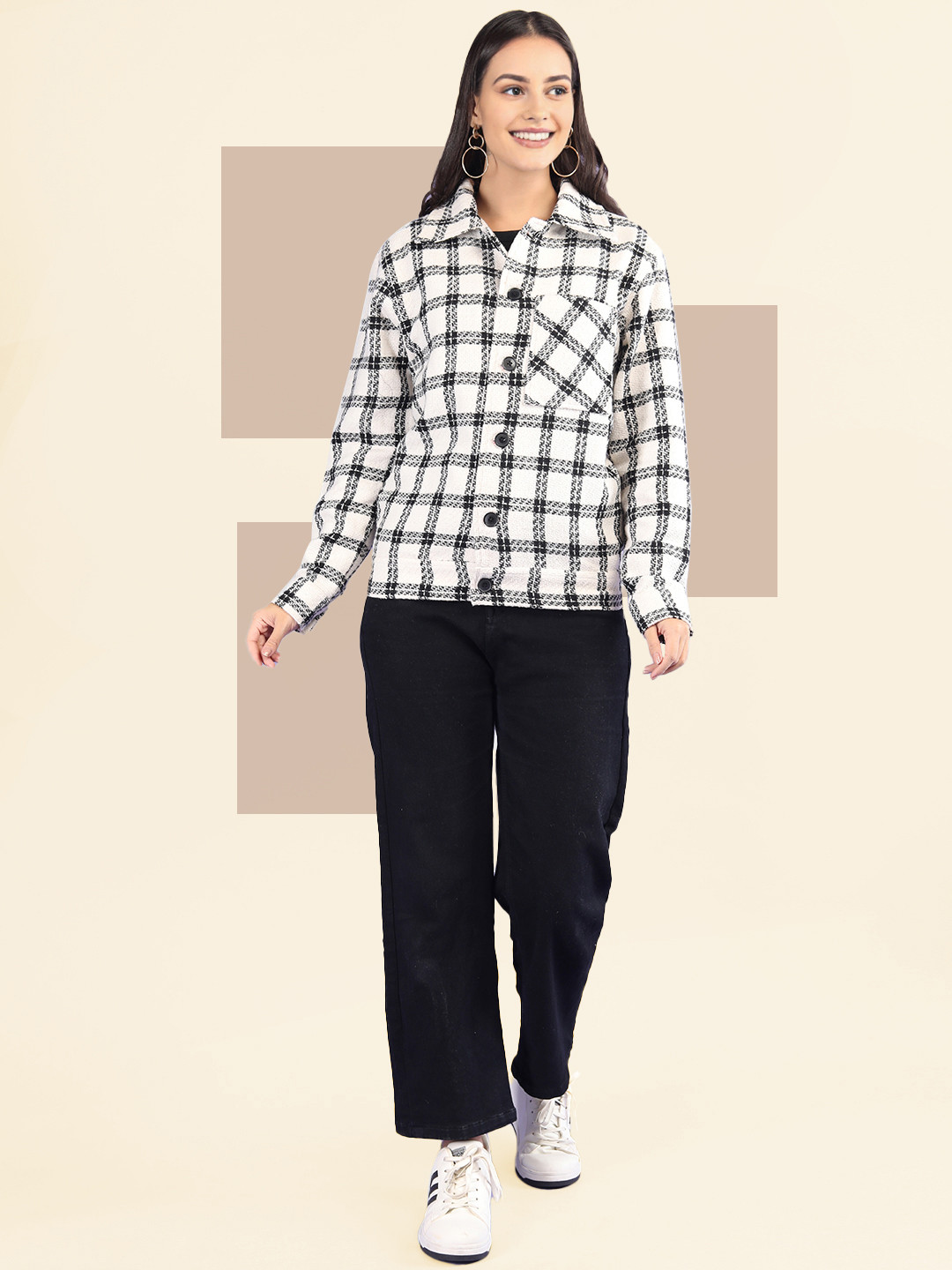 The Roadster Lifestyle Co Women Checked Woolen Spread Collar  Casual Winter Shacket