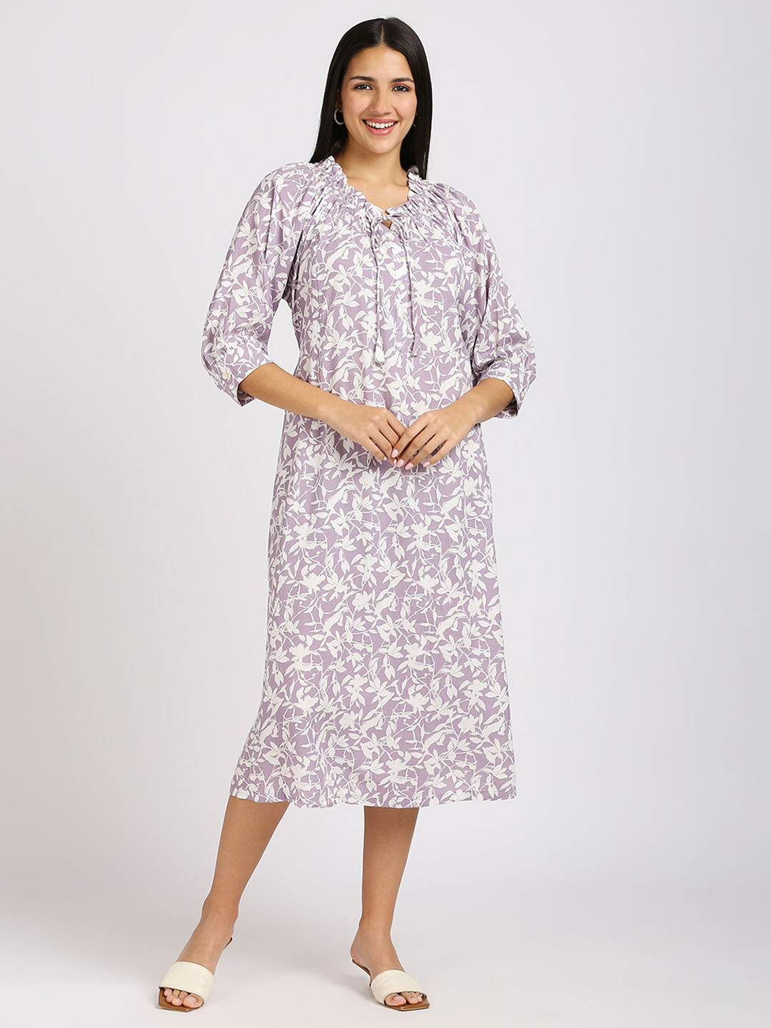 MeeMee Floral Print Tie-Up Neck Applique Maternity Fit & Flare Midi Dress