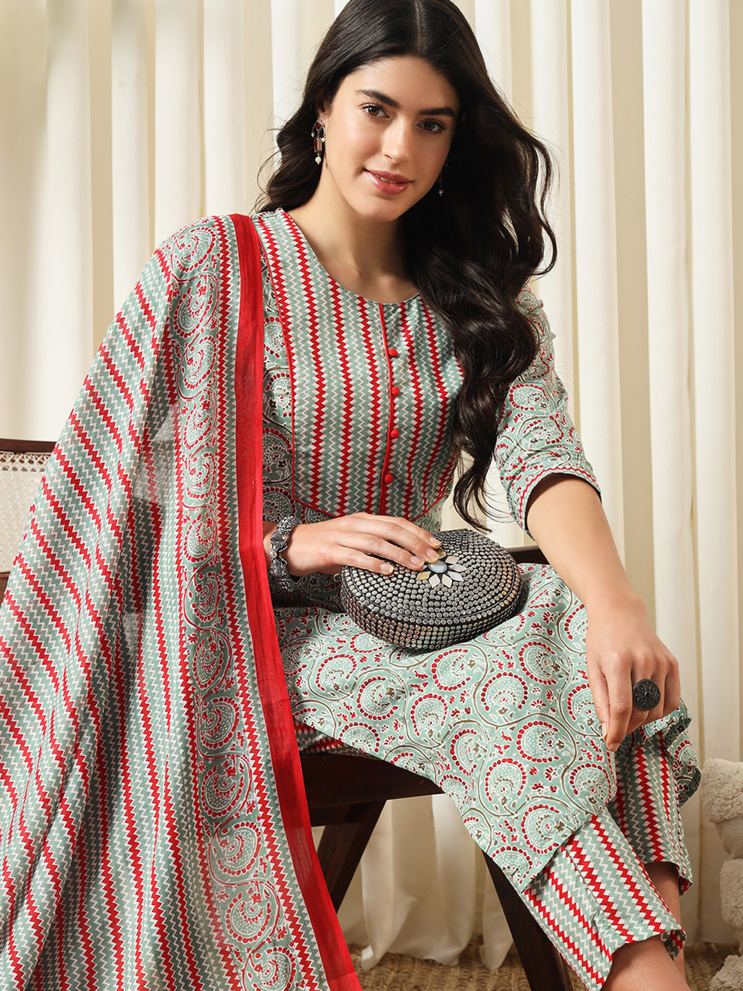 KEOSA Women Floral Printed Regular Pure Cotton Kurta with Trousers & With Dupatta