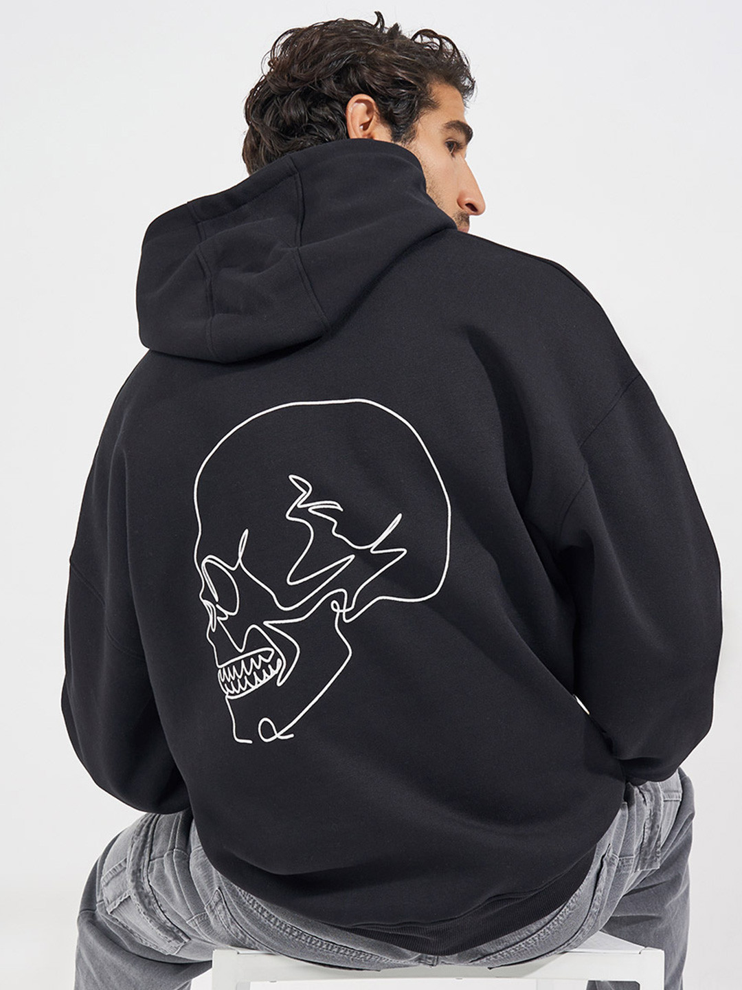Styli Skull Men Graphic Printed Hooded Heavy Oversized Sweatshirt
