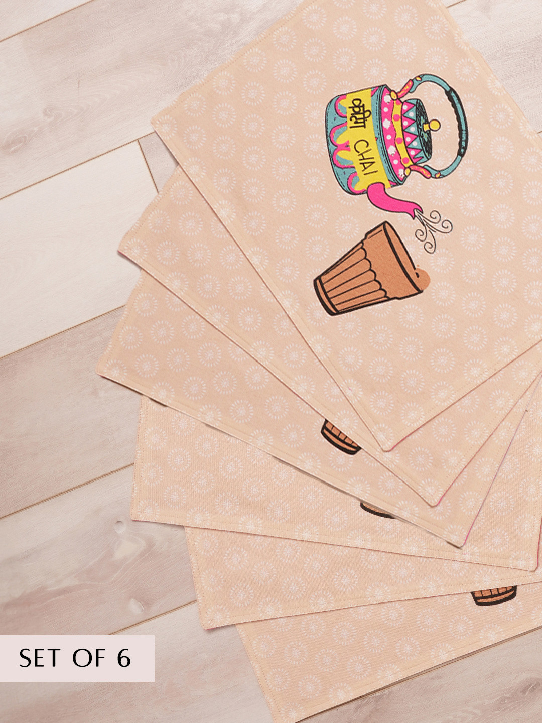 BLANC9 Peach-Color & White 6 Pieces Printed Pure Cotton Table Placemats