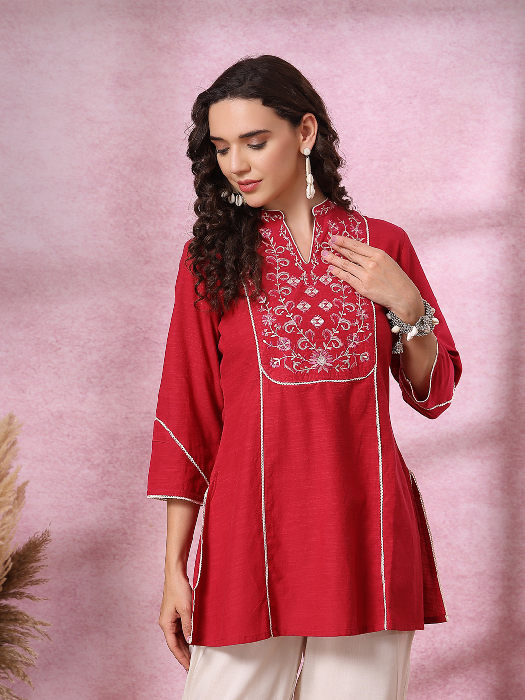 Nayam By Lakshita Women Mandarin Collar Ethnic Motifs Yoke Design Mirror Work Kurtis