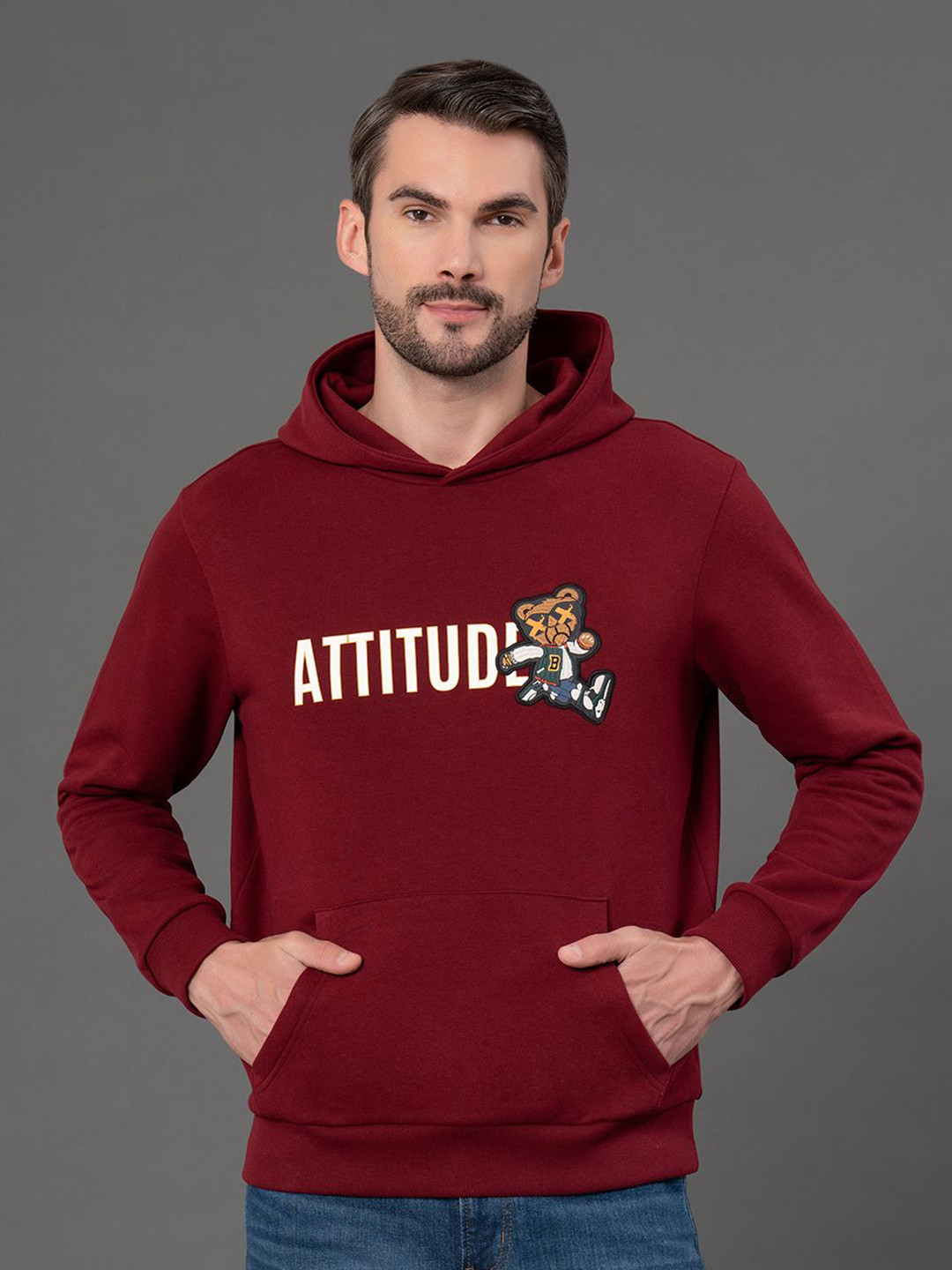 Red Tape Men Maroon Graphic Printed Cotton Hooded Sweatshirt