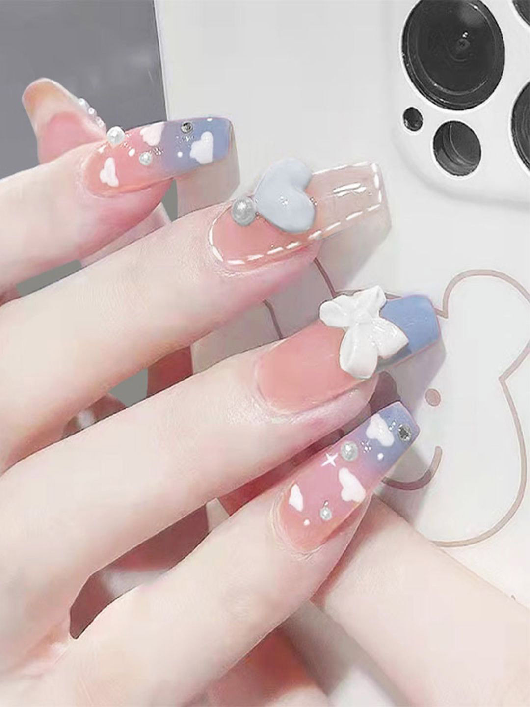 Secret Lives Set Of 24 Glossy Artificial Nails - Blue Cloud Bow