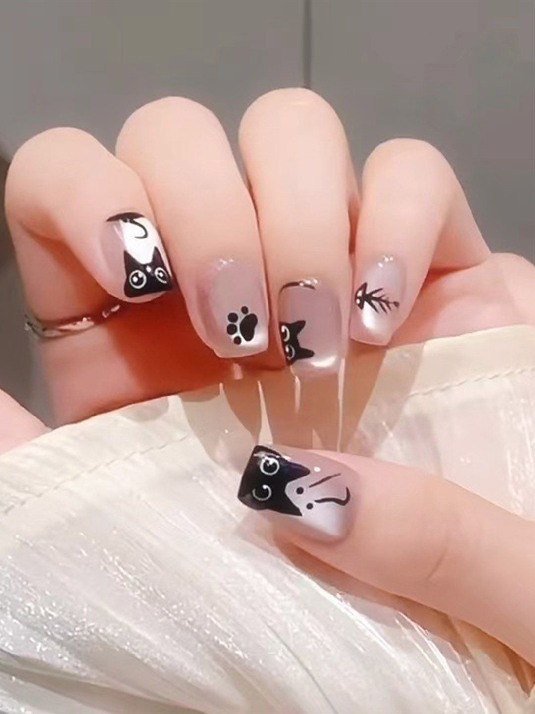 Secret Lives Set Of 30 Cats Eye Translucent With 3D Kitty Cat Artificial Nails