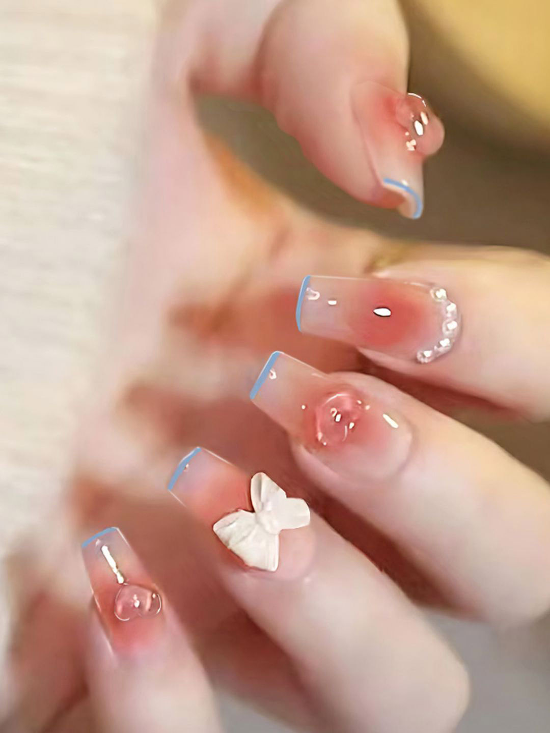 Secret Lives Set Of 24 Glossy 3D Bow Heart Pearls Reusable Artificial Nails-Blue Drop