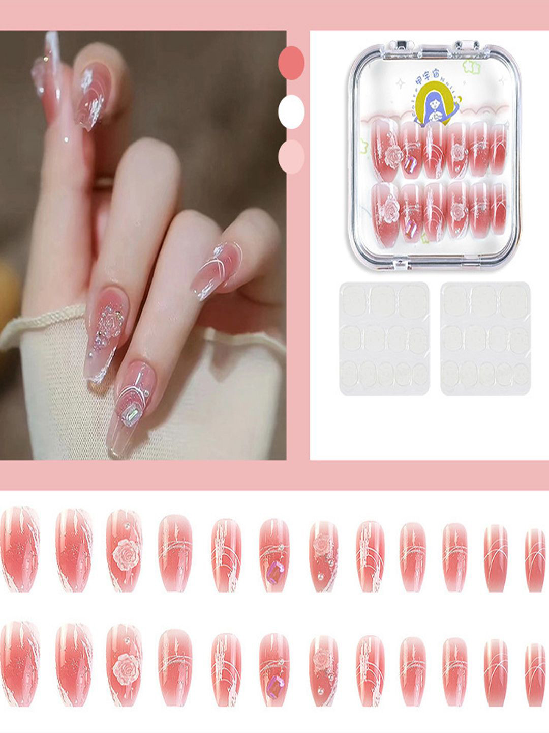 Set Of 24 Glossy Reusable Artificial Nails - 3D Crystal Rose Flower & Pearls