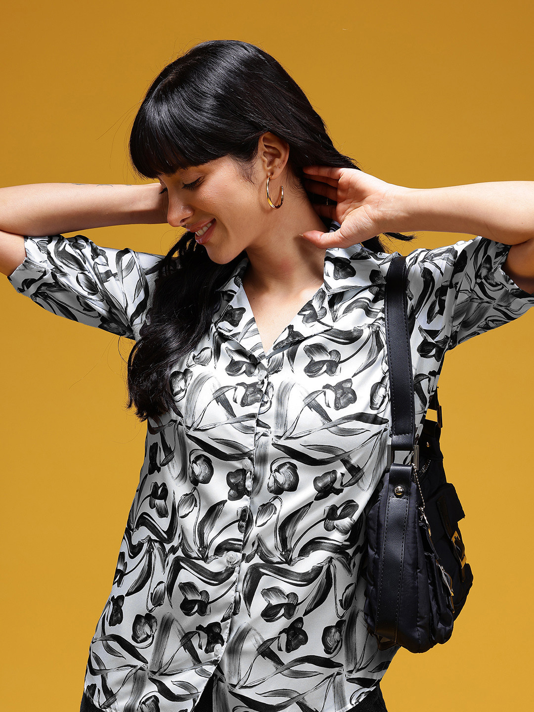 HERE&NOW Monochrome Floral Printed Club Collar Casual Shirt