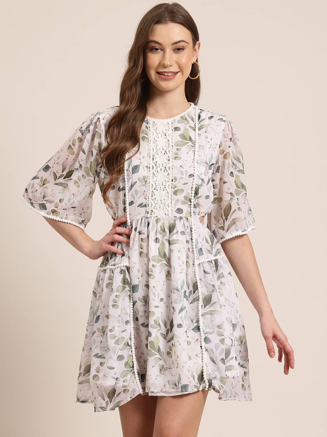 HERE&NOW Leaves Printed Lace Insert Detail Fit & Flare Mini Dress with Cut-Outs