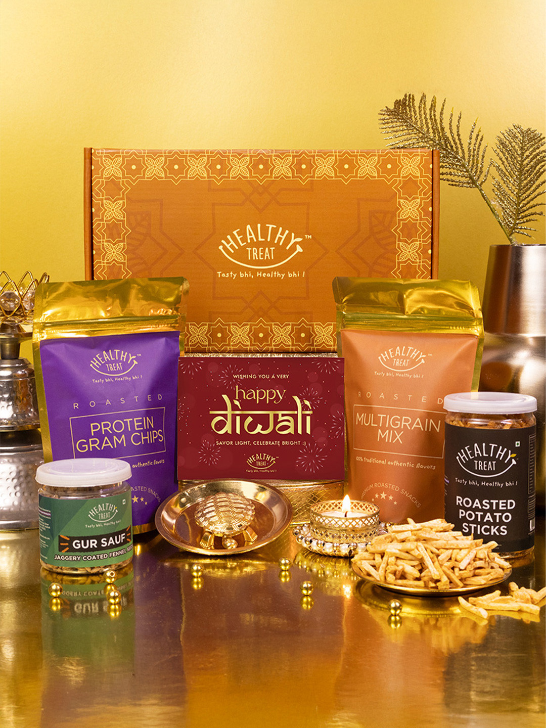 Healthy Treat Set Of 7 Roasted Snack With Turtle Diya & Diwali Card