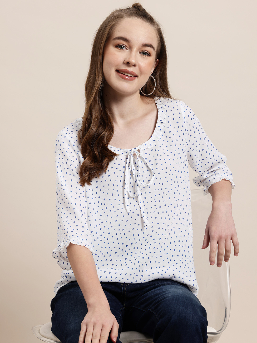 HERE&NOW Polka Dots Printed Tie-Up Neck Top